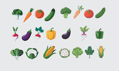 Colorful Fresh Vegetables Icon Vector Set – Healthy Food Flat Design for Grocery, Organic Market, and Nutrition Projects