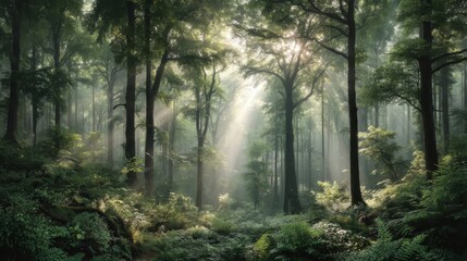Obraz premium Peaceful forest with early morning silence and mist between trees 