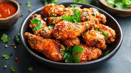 Fototapeta premium Plate of golden-brown crispy chicken with breadcrumbs and a decorative parsley topping