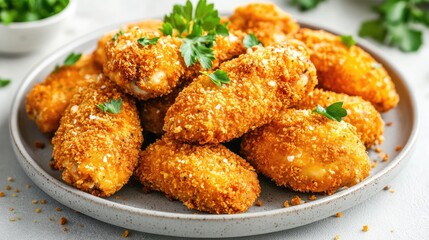 Plate of golden-brown crispy chicken with breadcrumbs and a decorative parsley topping
