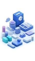 Abstract 3d shapes in shades of blue and light purple.