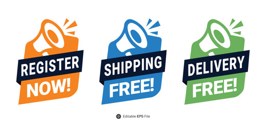 A vibrant collection of promotional badges and labels featuring phrases like 