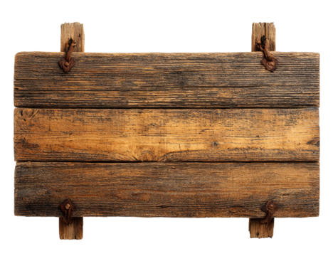 Rustic Wooden Signboard with Aged Wood Texture and Rusted Metal Details on transparent background