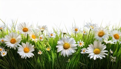 a vibrant fresh spring green grass lawn edge border adorned with daisy flowers isolated out against a white background