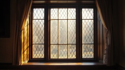 Fototapeta premium Traditional Tudor-style window with leaded glass and wooden lattice pattern