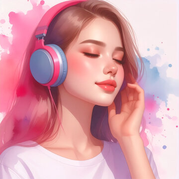 Anime Girl Listening to Music with Headphones