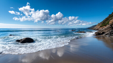 Fototapeta premium Calm close-up of calm sea water waves with palm trees. Beautiful panorama, tropical island beach landscape exotic shore coast. Summer vacation, holiday amazing nature. Sea background