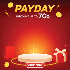 Red Payday Sale Banner with Podium, Gift Box, and Coins