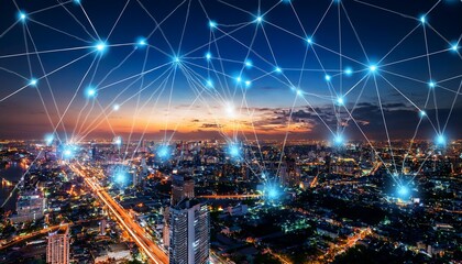 Obraz premium smart network and connection city of bangkok thailand at night