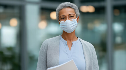 Professional Black Businesswoman with Face Mask in Modern Office