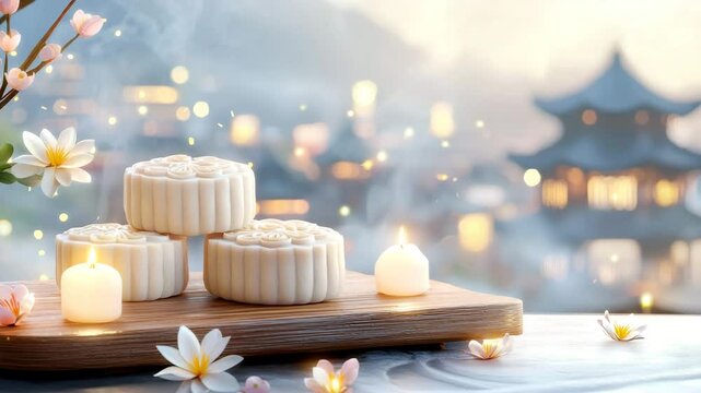 Delicious mooncakes with flowers and candles.