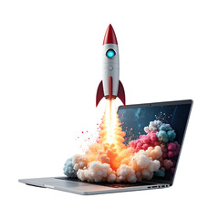  Space Rocket Emerging from Laptop Display – Explosive Takeoff PNG with Clean Transparent Background