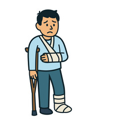 Injured person using crutches and arm bandage