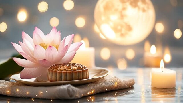 Lotus flower and mooncake by candlelight.