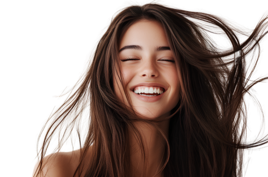A woman with long hair smiling, wearing brown , against a white background, in a photo studio, professional photography