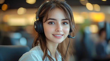 A female call center worker delivering excellent service with a warm smile while answering calls, customer care, and a positive work environment.