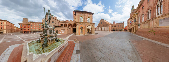360-degrees panorama of the Neptune Fountain in Piazza Maggiore square with Palazzo Accursio city hall in the background, and San Petronio Basilica. In Bologna, Italy, during spring day without people