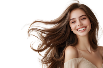  A woman with long hair smiling, wearing brown , against a white background, in a photo studio, professional photography,