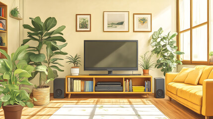 Fototapeta premium Bright Living Room with Plants, TV, and Yellow Sofa