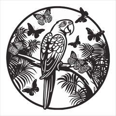 Fototapeta premium Illustration of a parrot on a tree branch in the forest and butterflies flying around