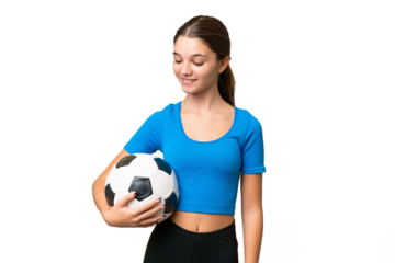 Teenager caucasian girl playing football over isolated background with happy expression