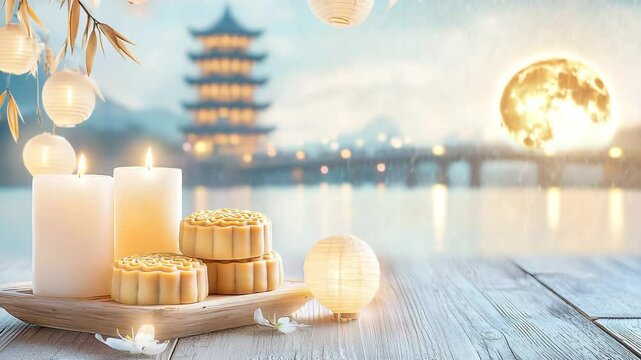 Serene lanterns and mooncakes by serene water.