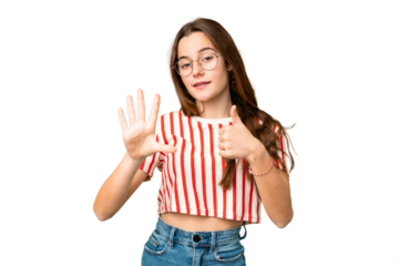 Teenager girl over isolated chroma key background counting six with fingers