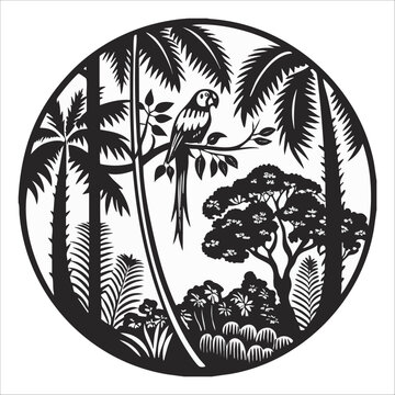 illustration of a parrot on a tree branch around a palm tree in the forest
