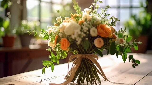 Artistic floral arrangement with pastel roses and greenery, tied with raffia bow, in sunlit interior, rustic wooden table, soft light and airy atmosphere.