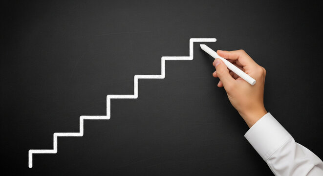 Hand drawing clear, linear chalk steps on a plain black background, symbolizing structured progress, a defined career path, and the concept of sequential advancement