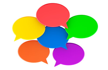 Colorful speech bubbles. Symbolizing communication, conversation and dialogue. 3D rendering isolated on transparent background