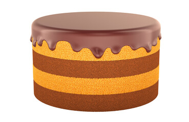 Chocolate cake. Round layered cake with different sponges, topped with glossy chocolate icing, without decoration. 3D rendering isolated on transparent background