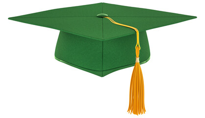 Green graduation cap for medical, pharmaceutical, agricultural and biology faculties. 3D rendering isolated on transparent background