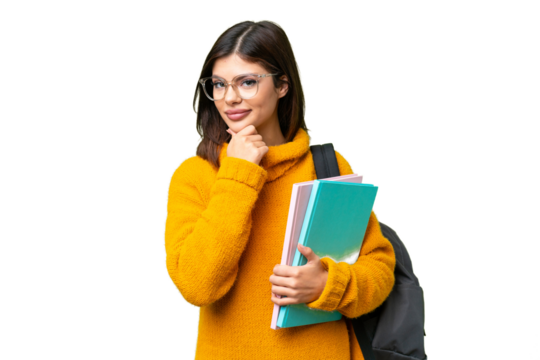 Young student woman over isolated chroma key background having doubts