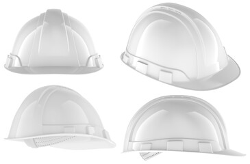 White construction hard hat set, different angles. 3D rendering isolated on transparent background