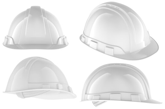 White construction hard hat set, different angles. 3D rendering isolated on transparent background