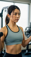 Fototapeta premium ダンベルで筋力トレーニングをする若い女性