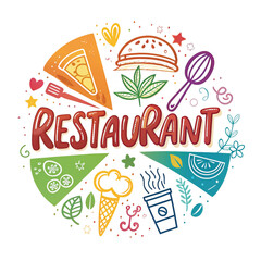 Colorful Hand-Drawn Restaurant Logo with Food and Drink Icons, Restaurant logo, food logo