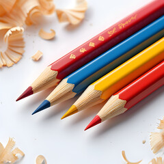 Fototapeta premium Four Colored Pencils Red Blue Yellow and Red Arranged on White Surface with Wood Shavings