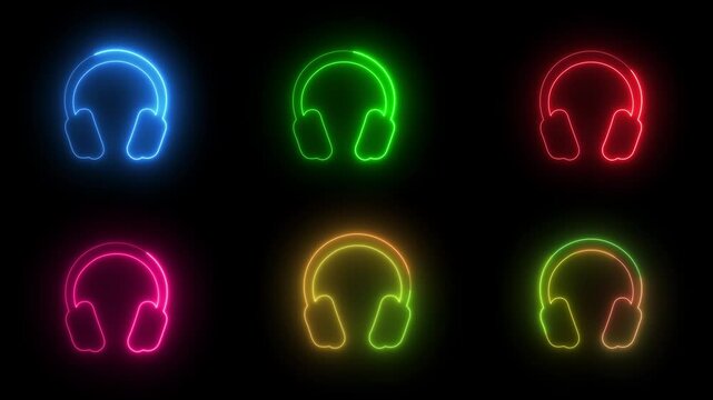 Animated neon glowing headphones icon set, multicolor audio symbol bundle for digital projects