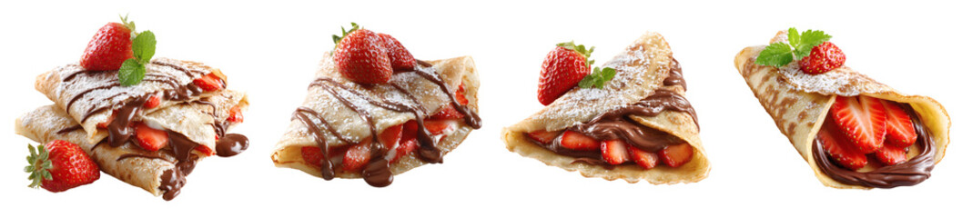 Delicious crepe with strawberry, chocolate and sugar powder Transparent background PNG set
