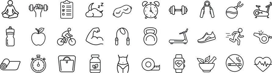 healthy lifestyle outline icon set. Contains such icons as Bodybuilding, Heartbeat, Swimming, Cycling, Running, Diet.