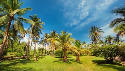 lush tropical garden with palm trees under blue sky near goyambokka beach