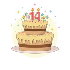 Chocolate birthday cake on a platter with colourful sprinkles, star decorations and a lit candles in the numbers one and four shape. Fourteen years old birthday party dessert, vector illustration.