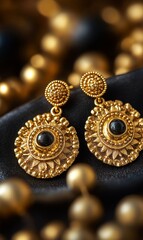 Fototapeta premium Elegant Gold Earrings with Black Onyx Stones - Luxury Jewelry Close-up