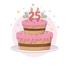 Chocolate birthday cake on a platter with colourful sprinkles, star decorations and a lit candles in the numbers two and five shape. Twenty five years old birthday party dessert, vector illustration.