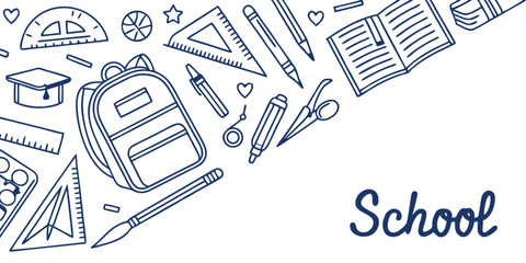 School vector, line art stationery doodle. Education background outline design. Study illustration