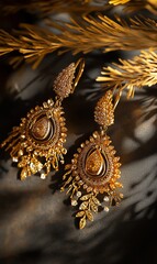 Luxurious Gold and Diamond Earrings on Dark Background