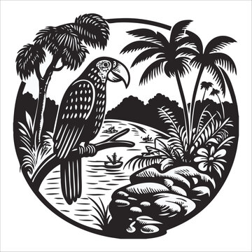 an image of a parrot on a tree branch over a river flowing in the forest