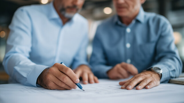 Architects Collaborating on Blueprint Design in Team Discussion - Powered by Adobe